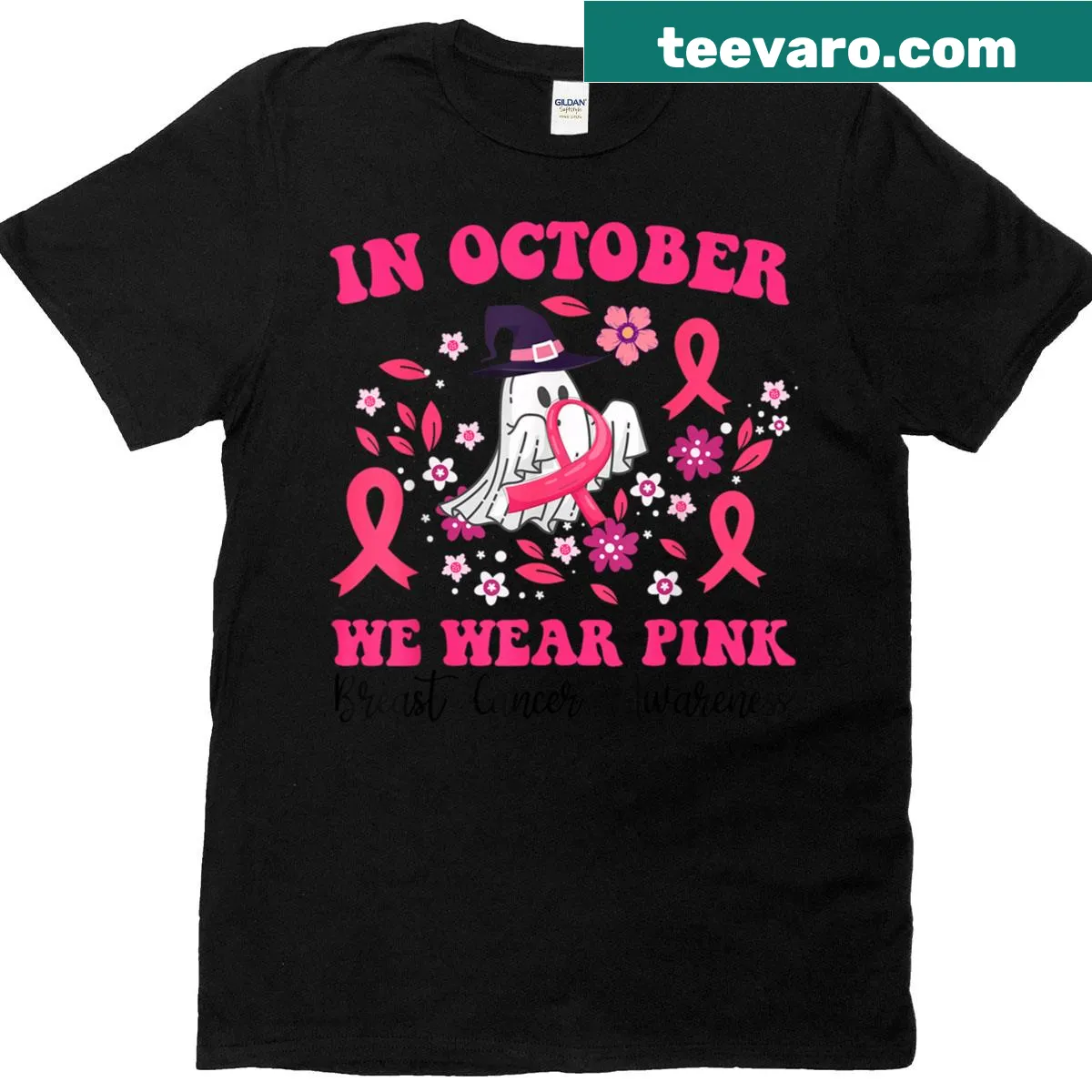 Pink ribbon design T-shirt for breast cancer awareness during Halloween — on a men's t-shirt