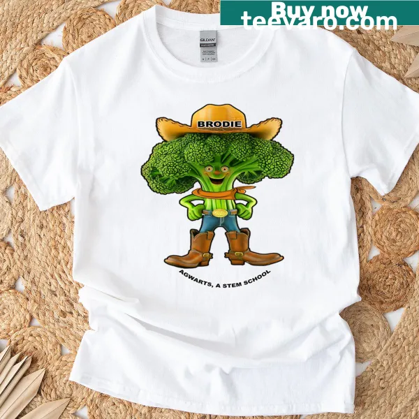 Cartoon broccoli character with a smile on a fun T-shirt