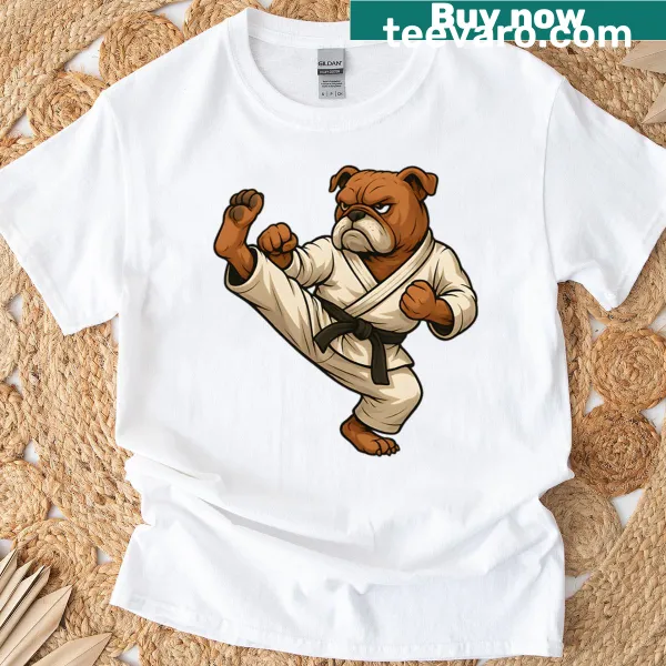Illustration of a bulldog in karate stance on t-shirt