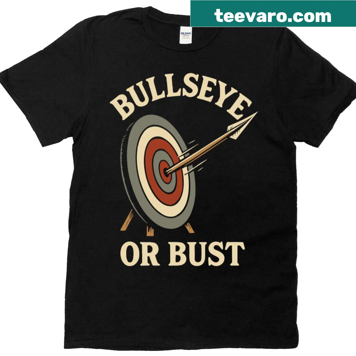 Funny archery-themed T-shirt with 'Bullseye Or Bust' text — on a men's t-shirt