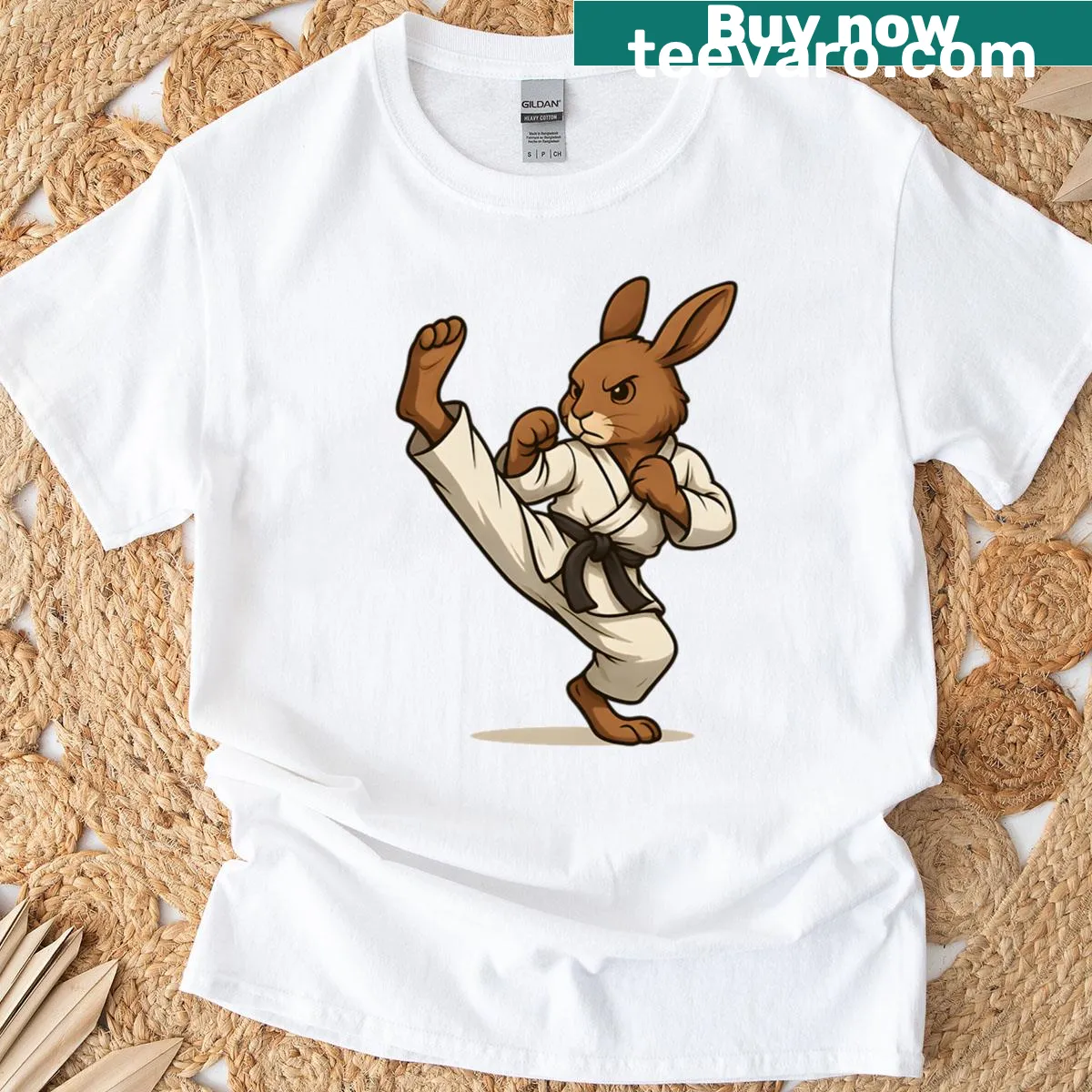 Illustration of a bunny in kung fu pose on an oversized t-shirt — on a men's t-shirt