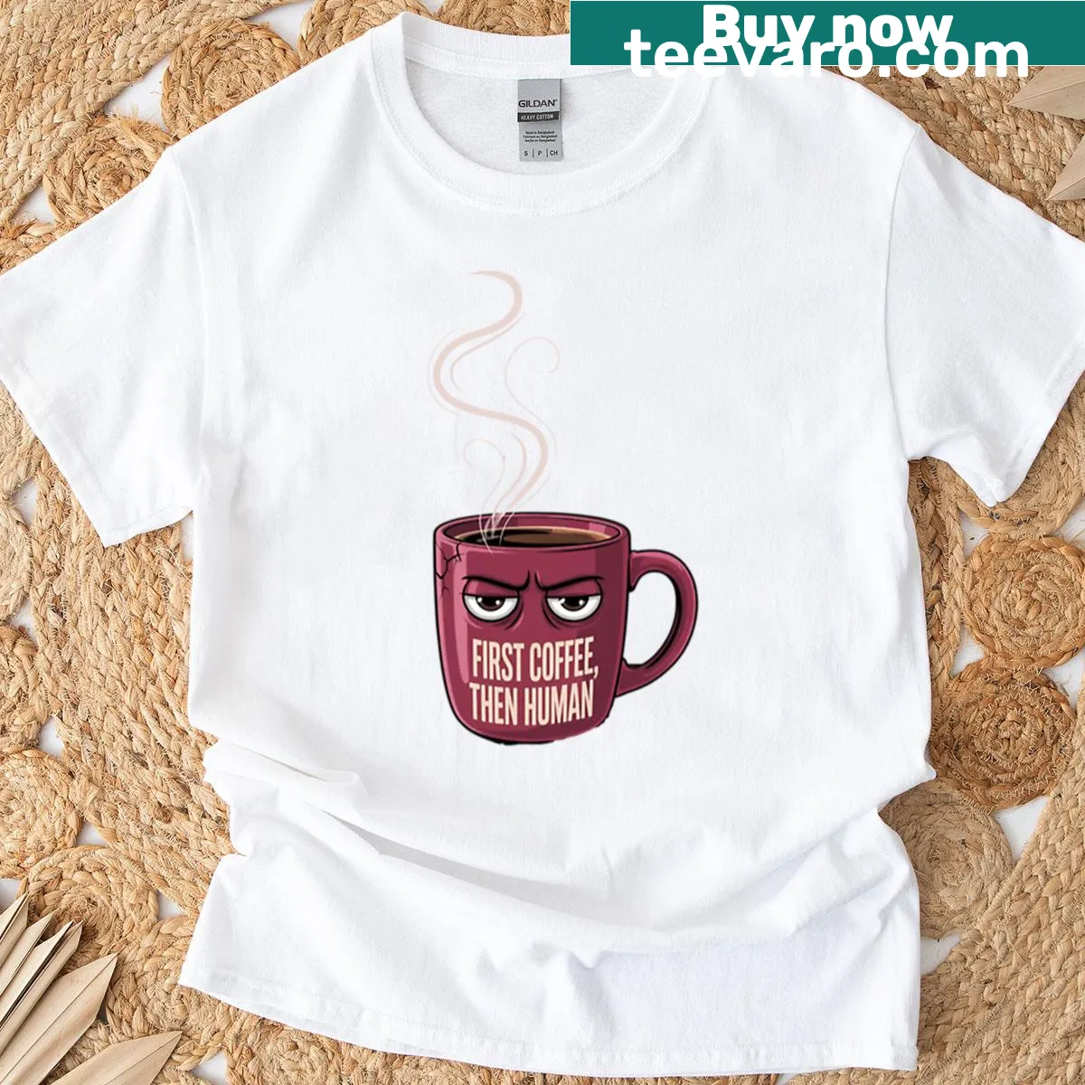 Funny shirt saying 'But First Coffee' for coffee lovers — on a men's t-shirt