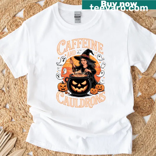 Whimsical graphic of coffee potions and cauldrons on a Halloween t-shirt