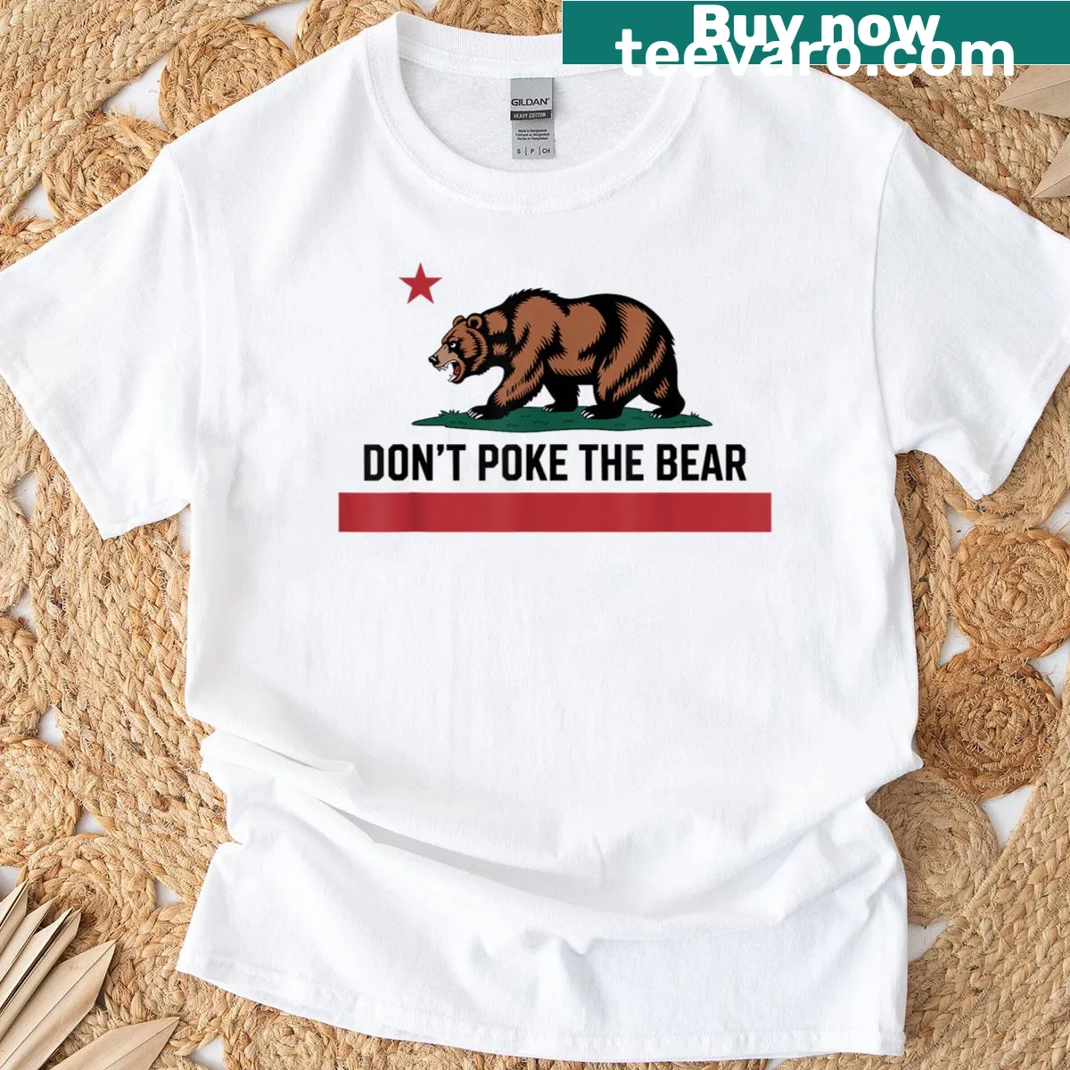 Bold text shirt with 'Don't Poke The Bear' and California Pride theme — on a men's t-shirt