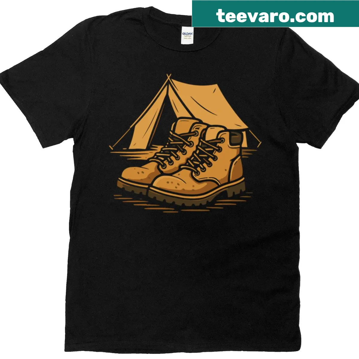 Funny camping t-shirt featuring boots, tent, and outdoor adventure theme — on a men's t-shirt