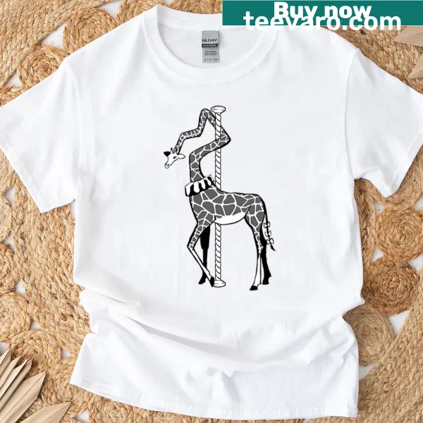 Cartoon giraffe with crooked neck on playful t-shirt
