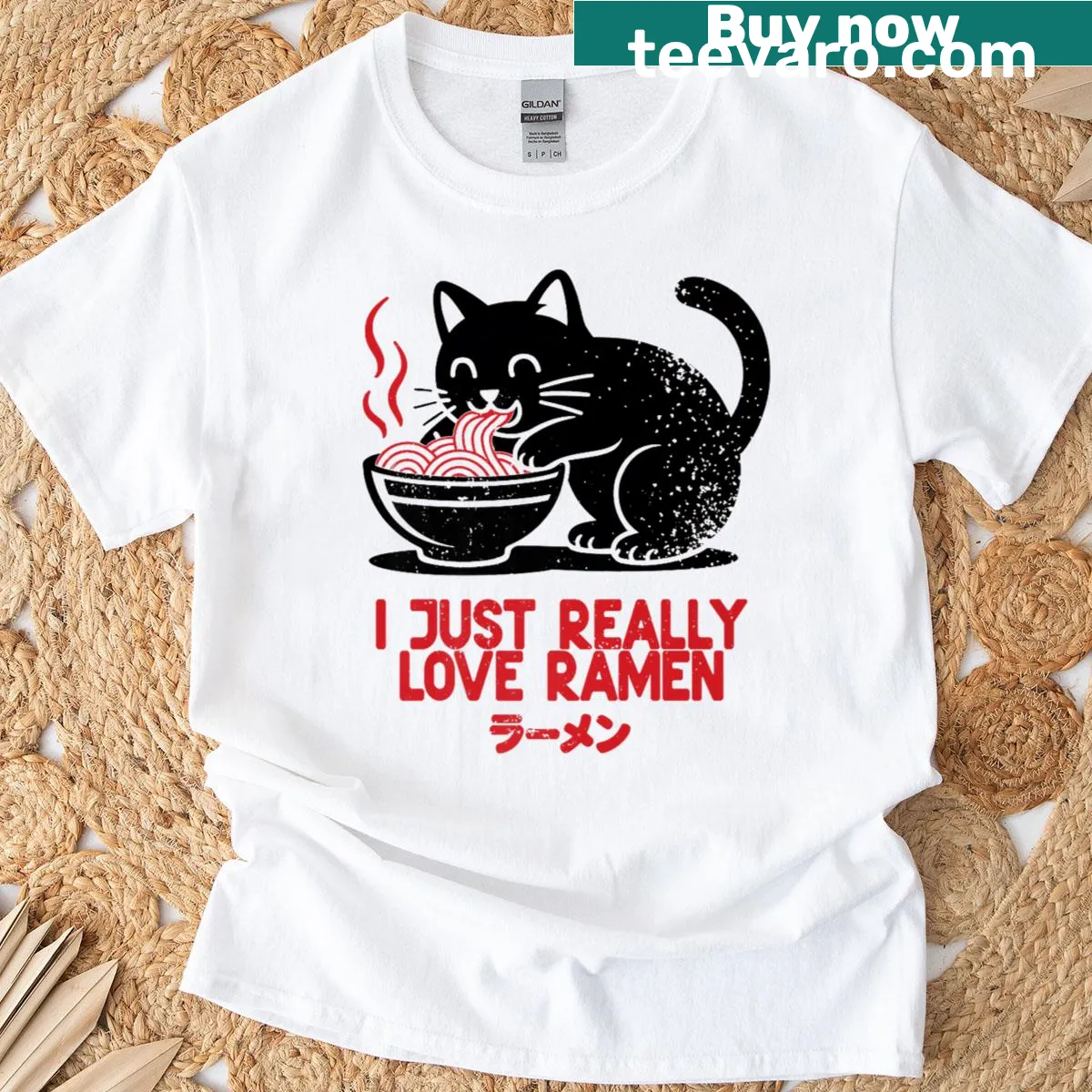Kawaii T-shirt featuring a cat eating ramen noodles — on a men's t-shirt