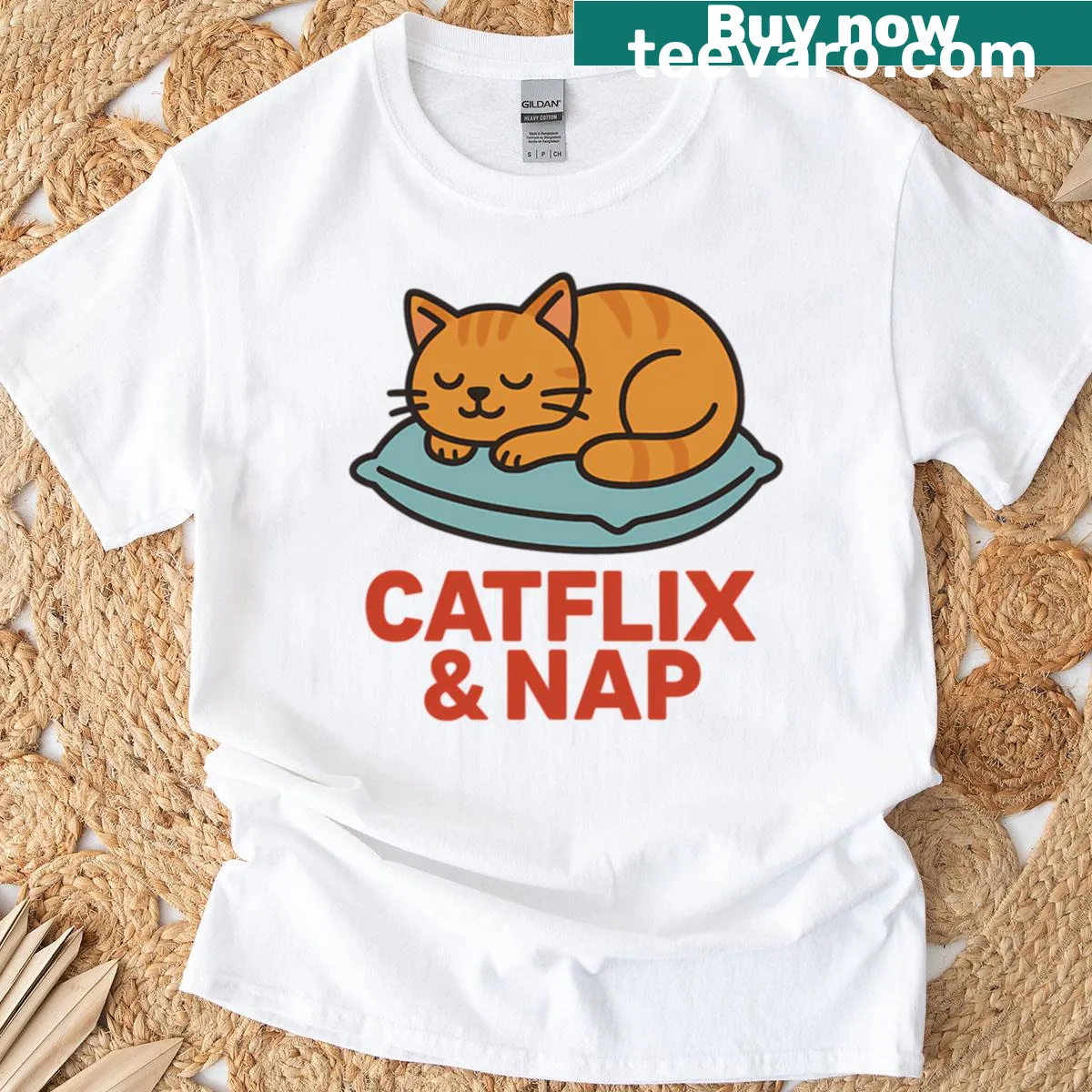Funny Cat Lover t-shirt featuring Catflix nap illustration — on a men's t-shirt