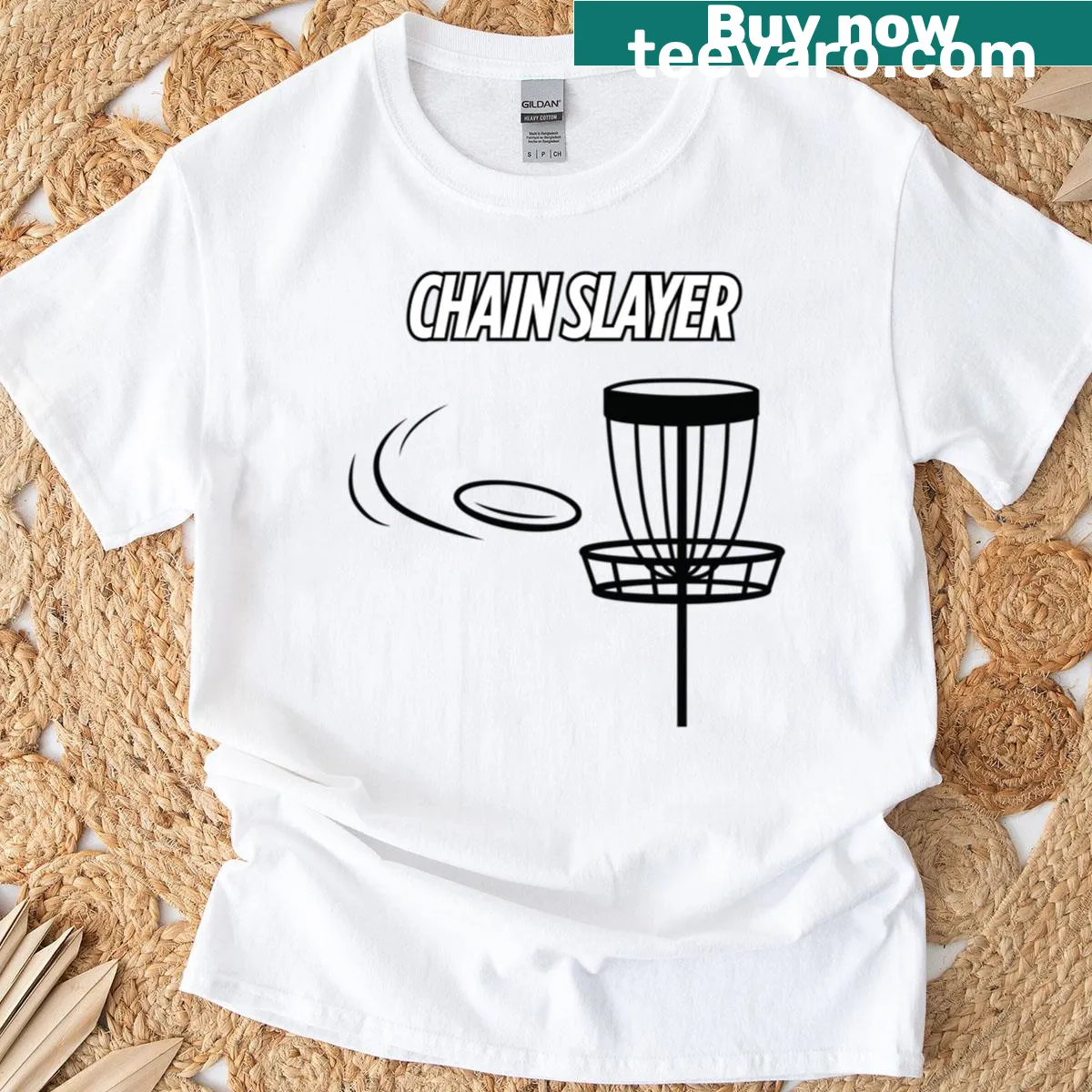 Funny Chain Slayer design for disc golf players on t-shirt — on a men's t-shirt