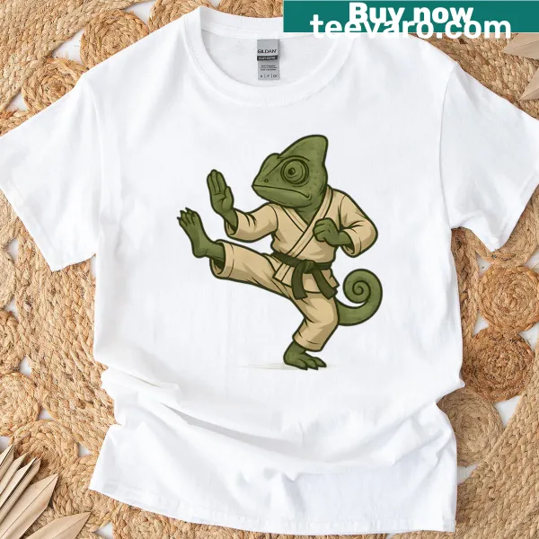 Chameleon in kung fu pose illustrated on T-shirt