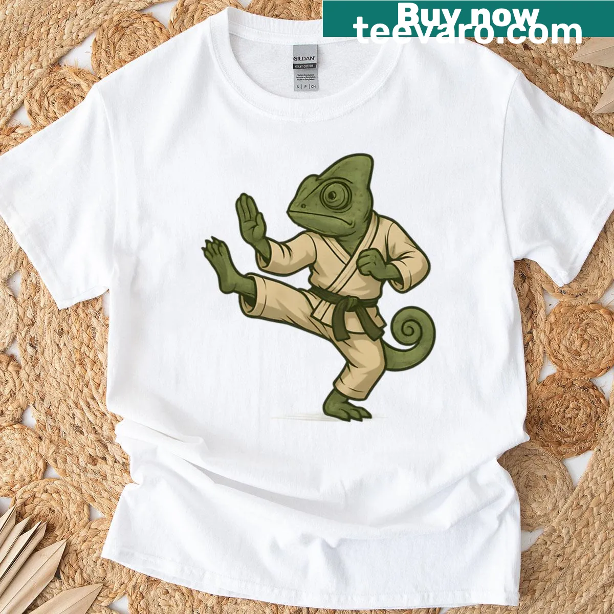 Chameleon in kung fu pose illustrated on T-shirt — on a men's t-shirt