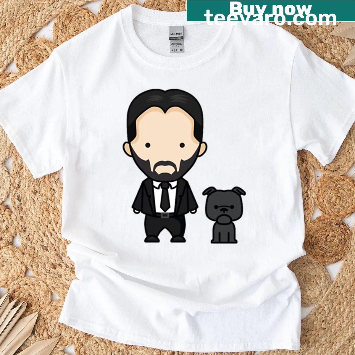 Chibi John Wick with dog in cute cartoon style on t-shirt — on a men's t-shirt