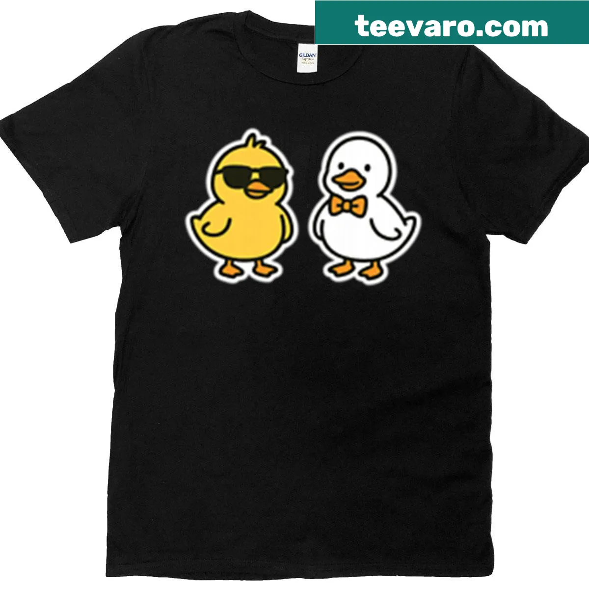 Chick and duck cartoon design t-shirt showcasing their friendship — on a men's t-shirt