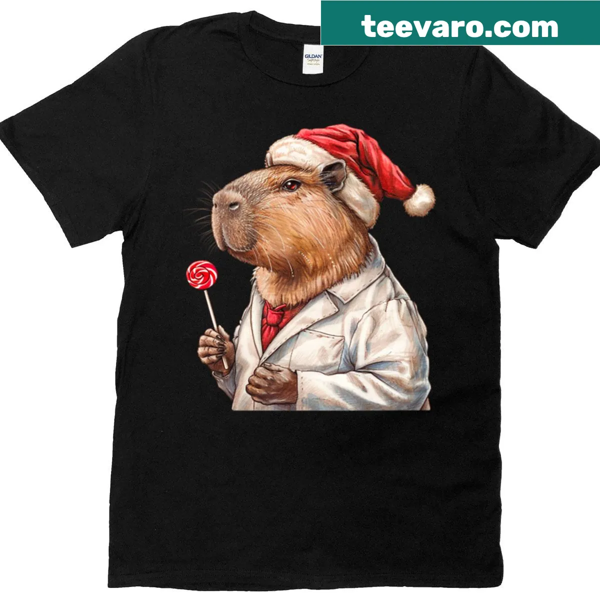 Cute Christmas t-shirt with a capybara doctor design — on a men's t-shirt