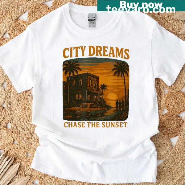 T-shirt featuring a city sunset graphic, perfect for outdoor adventures