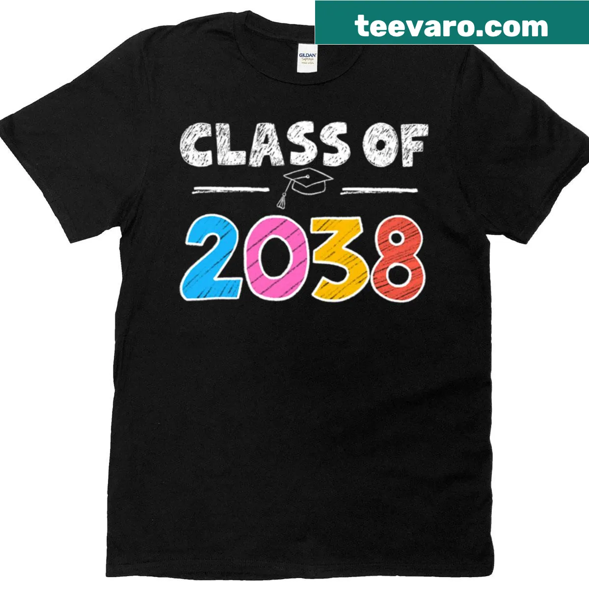 Graduation-themed t-shirt for Class of 2038 with playful graphics — on a men's t-shirt