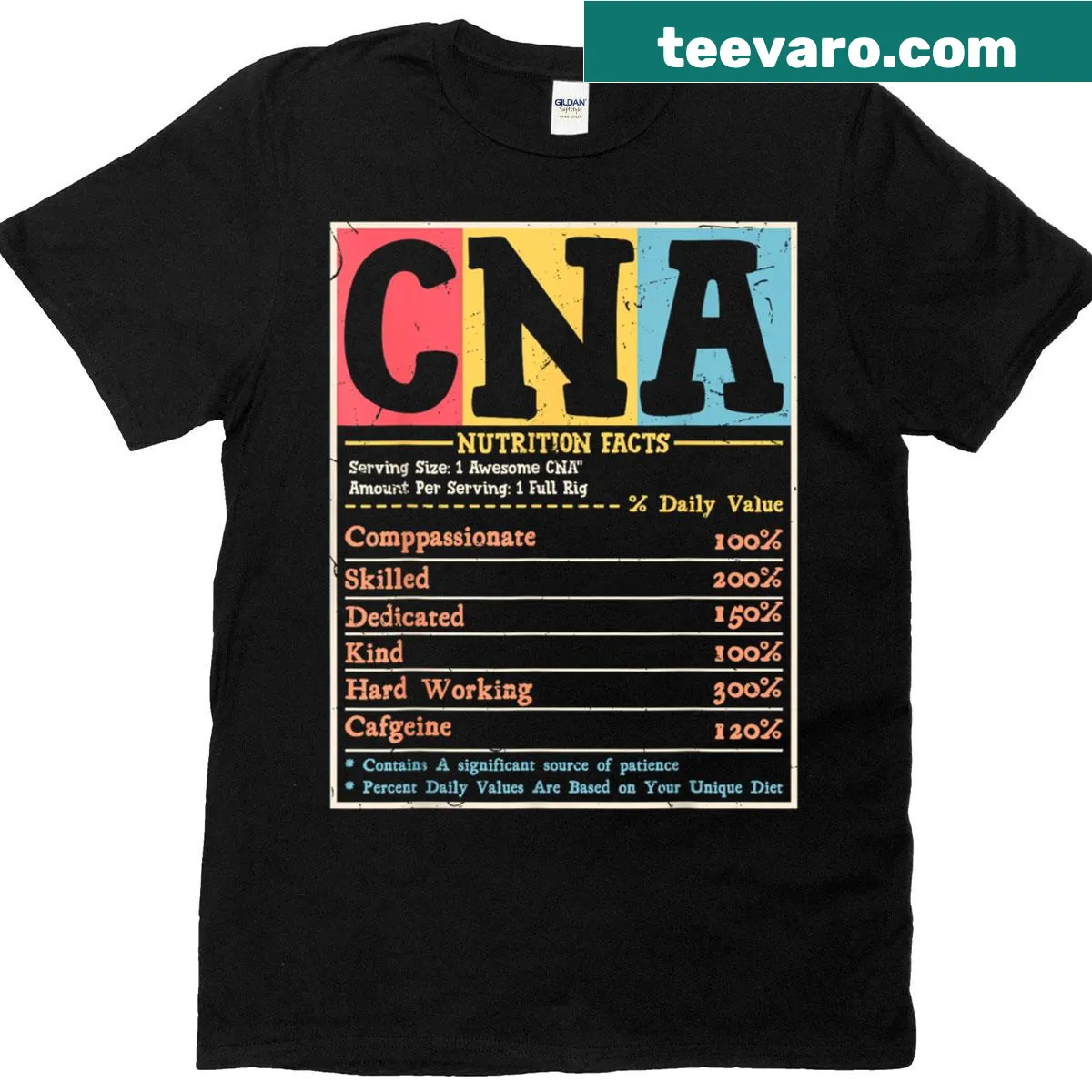 CNA Nutrition Facts shirt with caring and skilled attributes — on a men's t-shirt