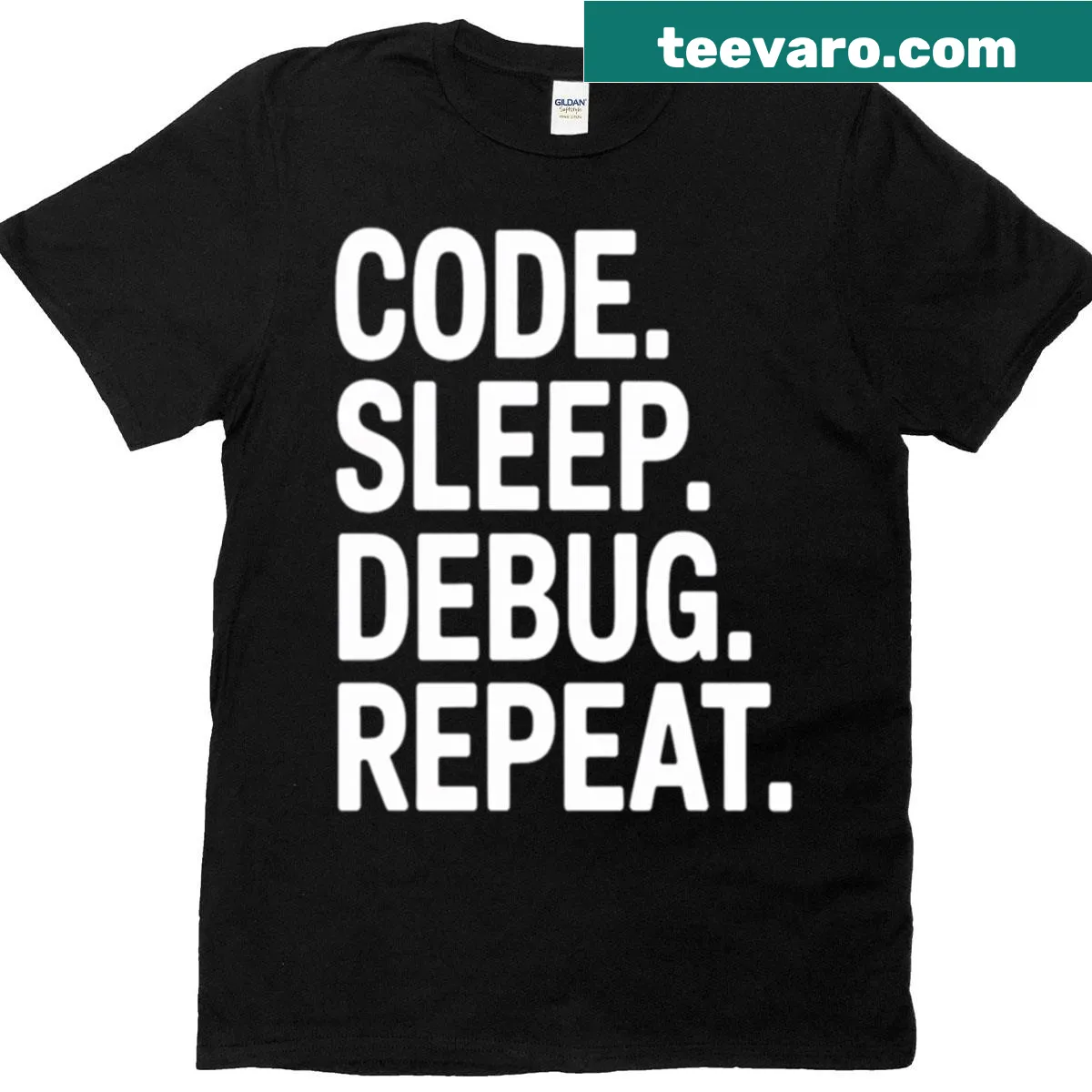 T-shirt with 'Code Sleep Debug Repeat' humorous text design — on a men's t-shirt