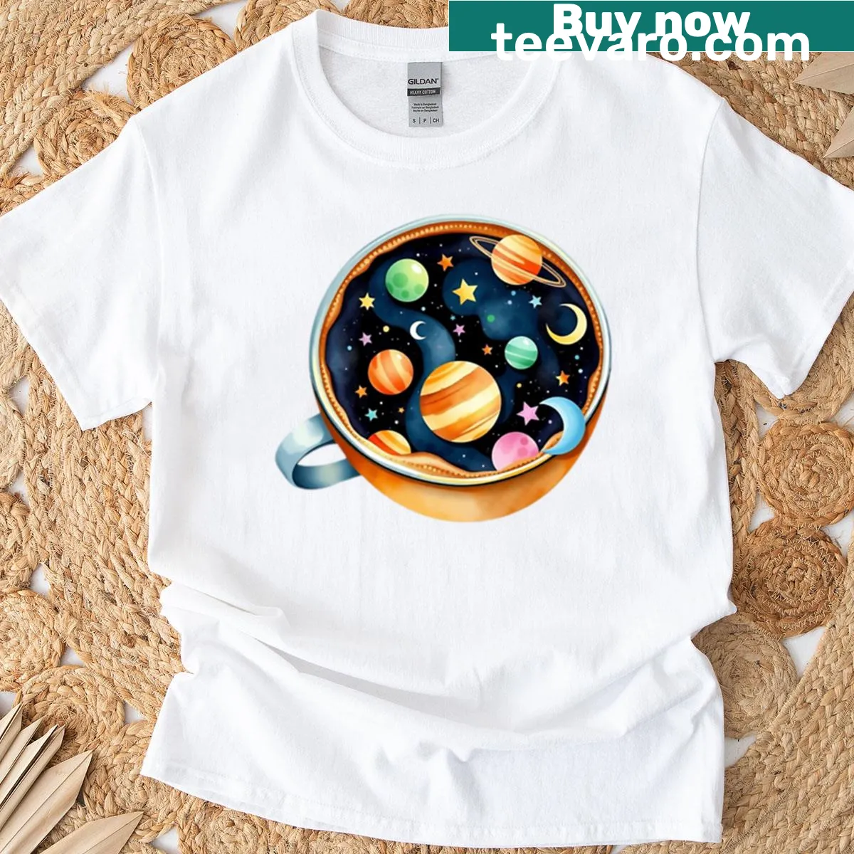 Coffee-themed galaxy graphic t-shirt with nebula and planets. — on a men's t-shirt