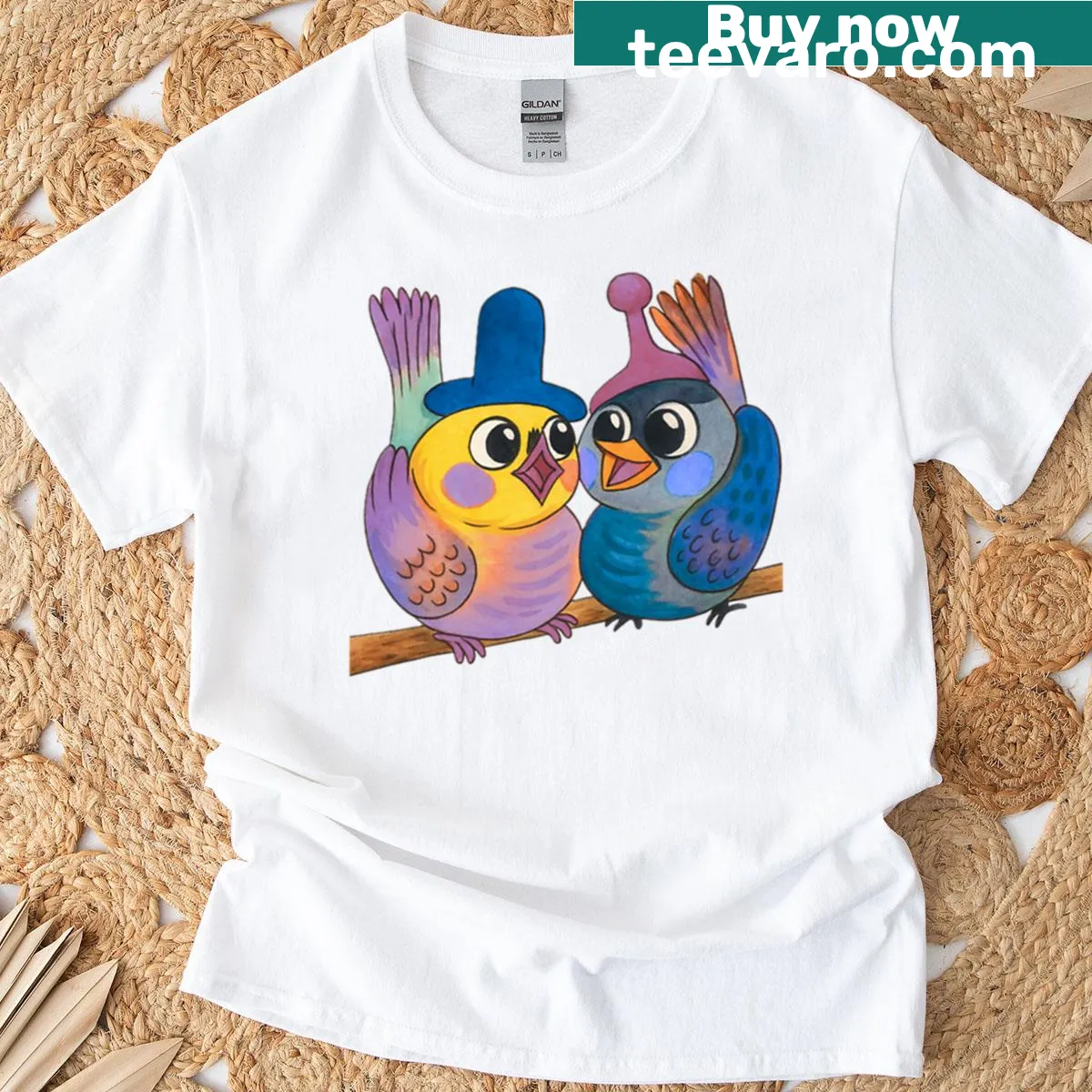 Cartoon birds wearing hats on a playful graphic tee — on a men's t-shirt