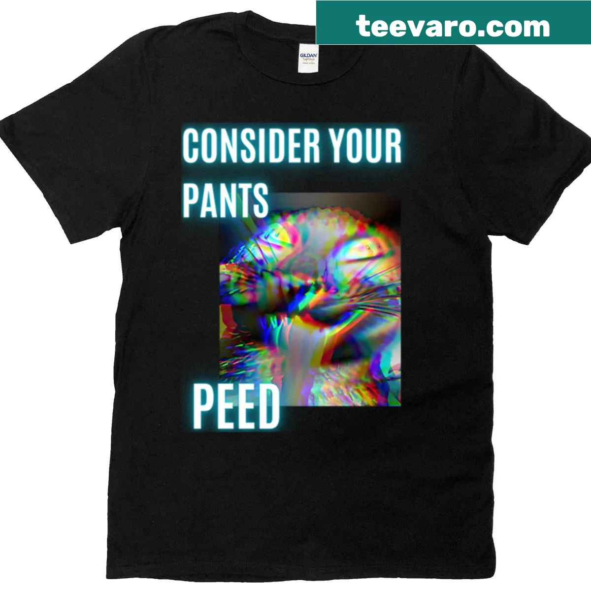Sarcastic cat meme T-shirt with 'Consider Your Pants Peed' quote — on a men's t-shirt