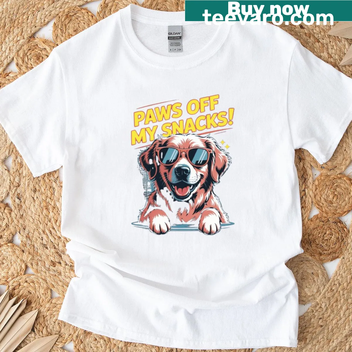 Golden retriever wearing sunglasses illustrated on a t-shirt — on a men's t-shirt