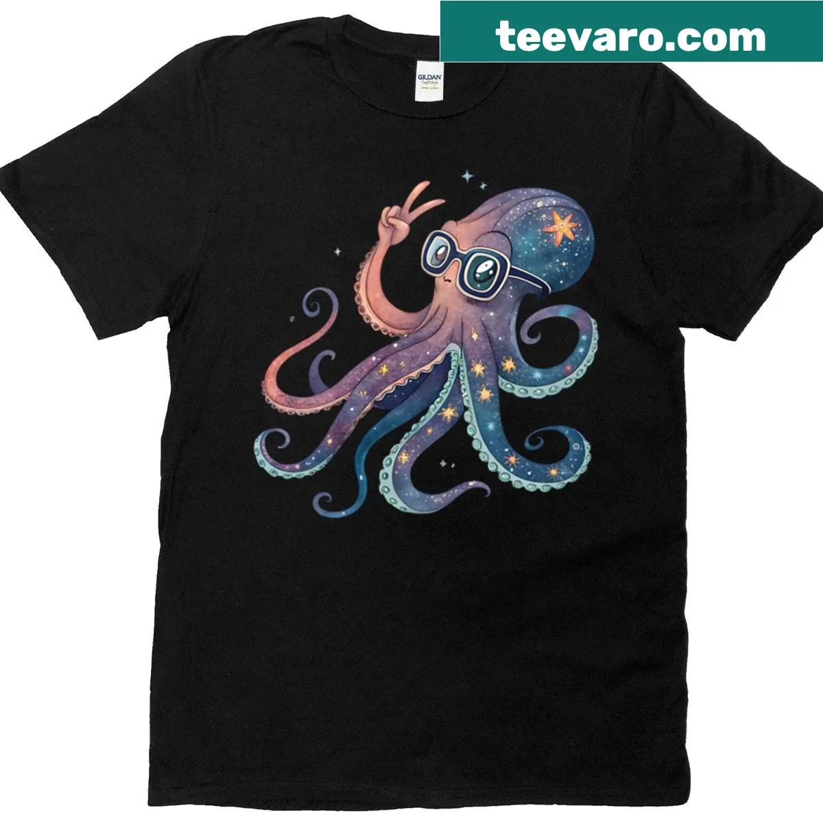 Cool octopus with shades on a cosmic-themed T-shirt — on a men's t-shirt