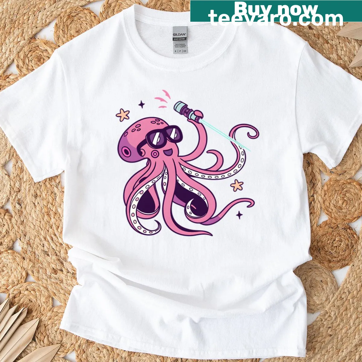 T-shirt featuring an octopus singing karaoke in a cosmic theme — on a men's t-shirt