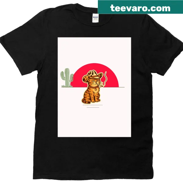 Illustrated cat in cowboy attire graphic on t-shirt