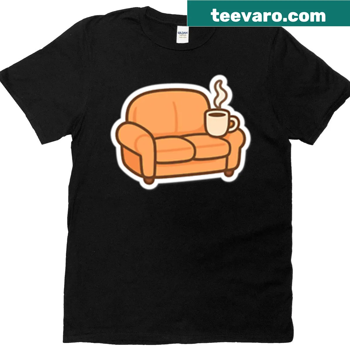 Coffee vibes sticker t-shirt featuring cozy coffee cup graphics — on a men's t-shirt