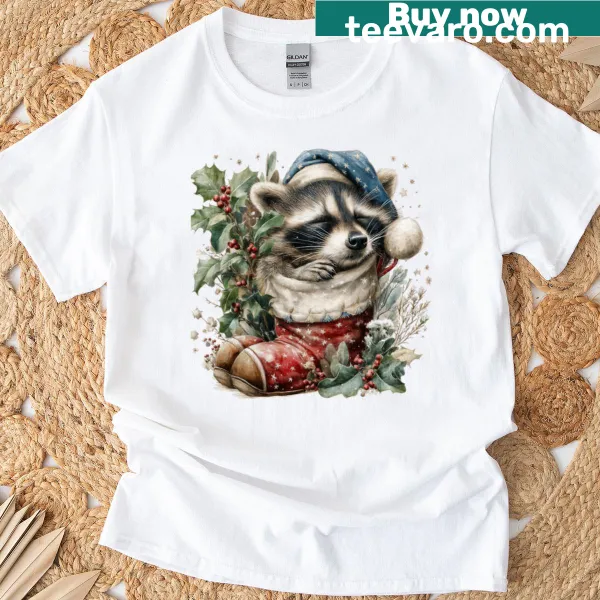 Cartoon raccoon in festive scarf on cozy holiday t-shirt