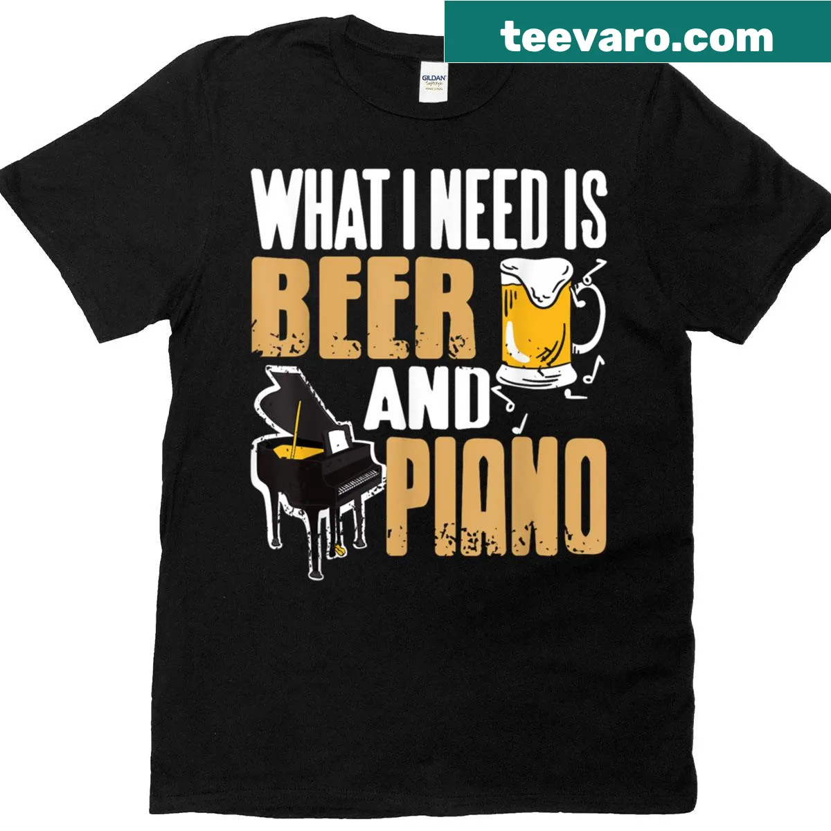 Funny musician t-shirt with beer and piano graphic — on a men's t-shirt