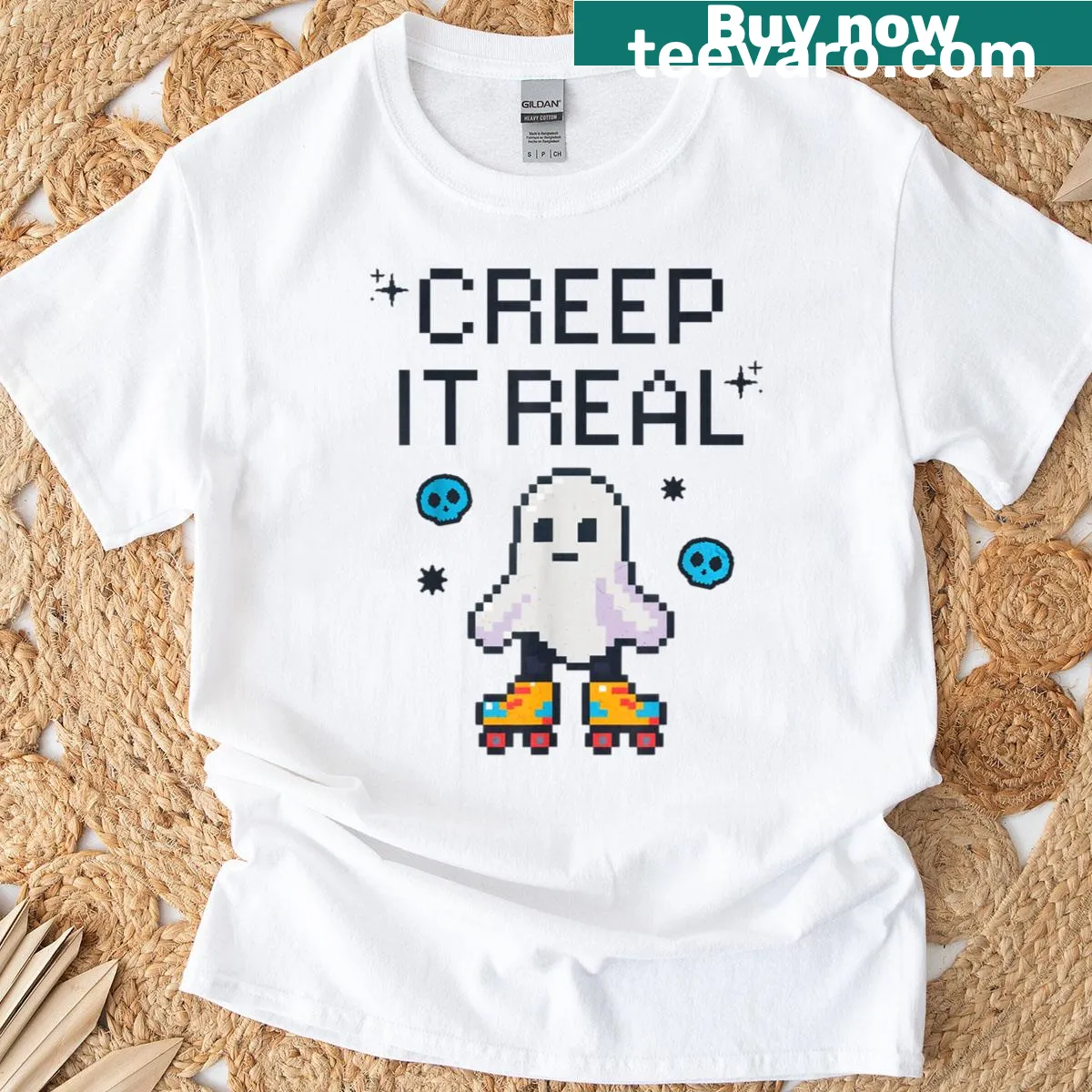 Cartoon ghost on skateboard with text 'Creep It Real' — on a men's t-shirt