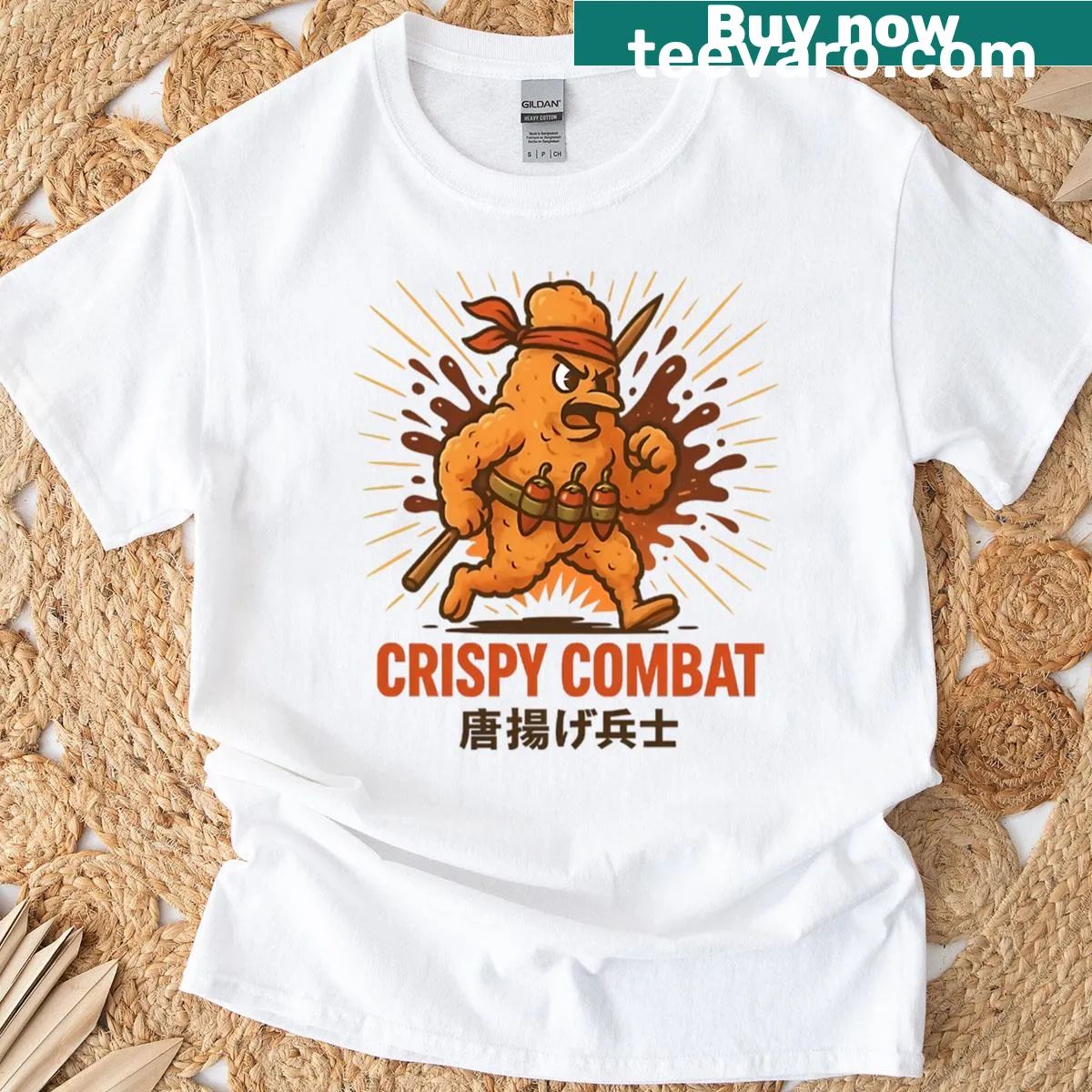 Cartoon Fried Chicken Warrior graphic on a fun t-shirt — on a men's t-shirt