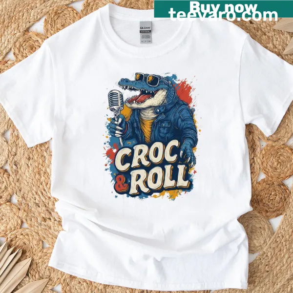 Cartoon-style T-shirt featuring a humorous croc shoe design