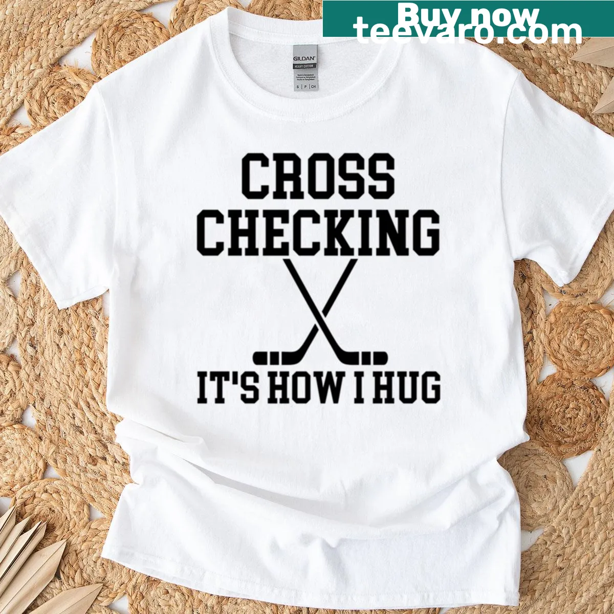 Playful slogan T-shirt with 'Cross Checking It's How I Hug' text — on a men's t-shirt