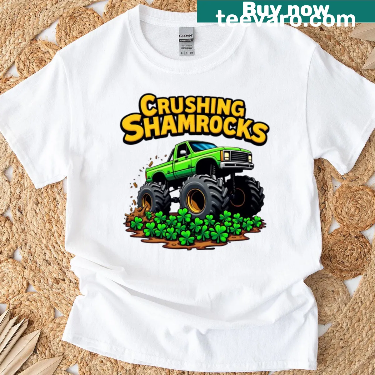 Monster truck crushing shamrocks design for St. Patrick's Day — on a men's t-shirt