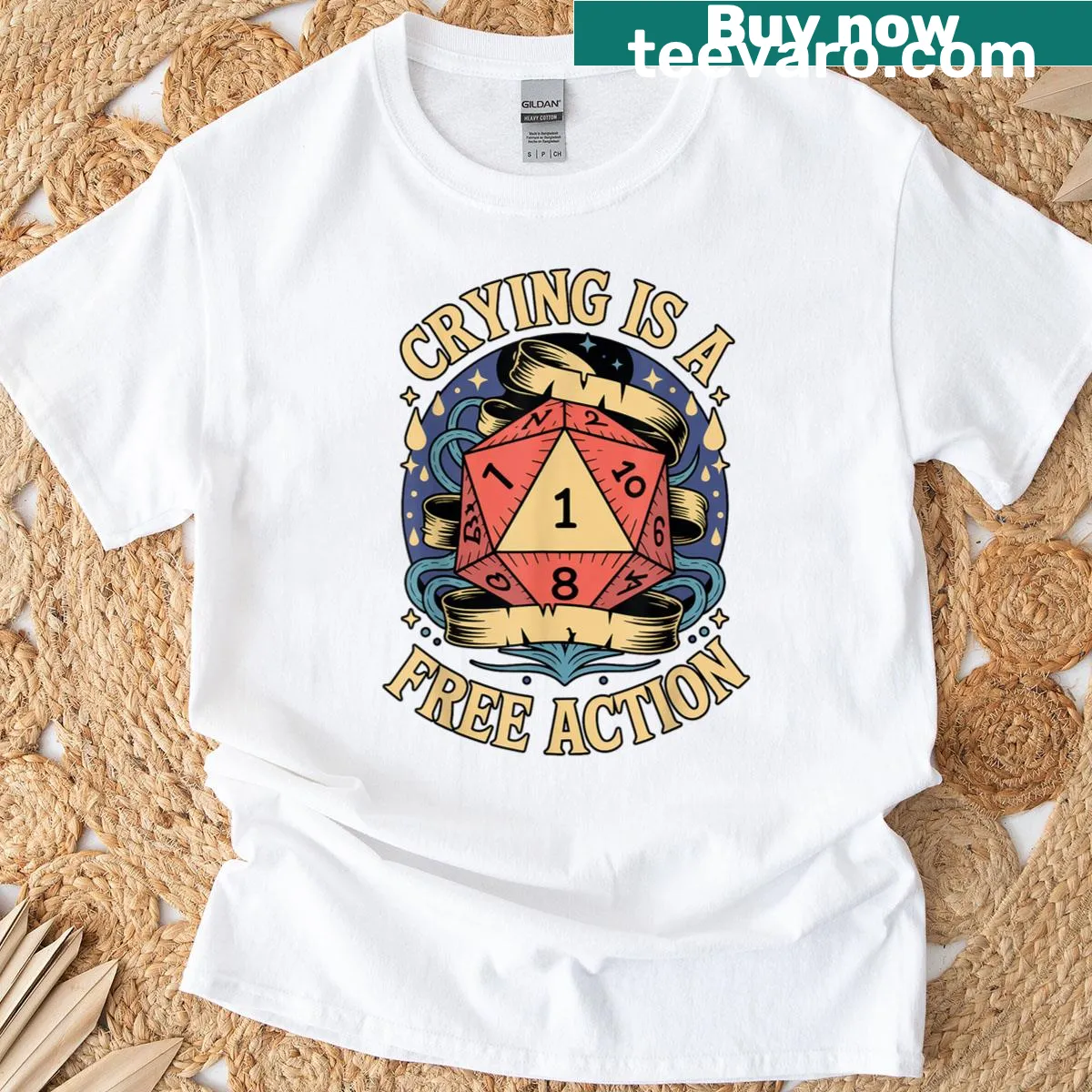 Humorous RPG-themed T-shirt featuring gaming dice graphic — on a men's t-shirt