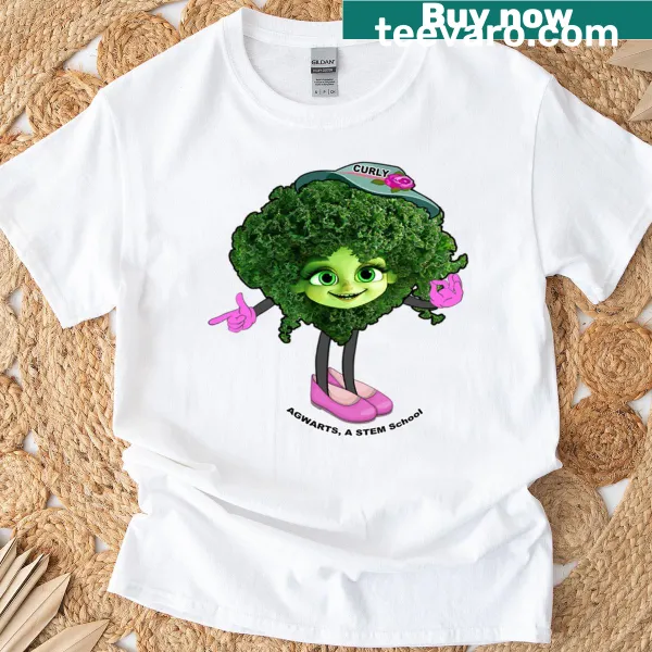 T-shirt featuring a playful curly kale illustration and text