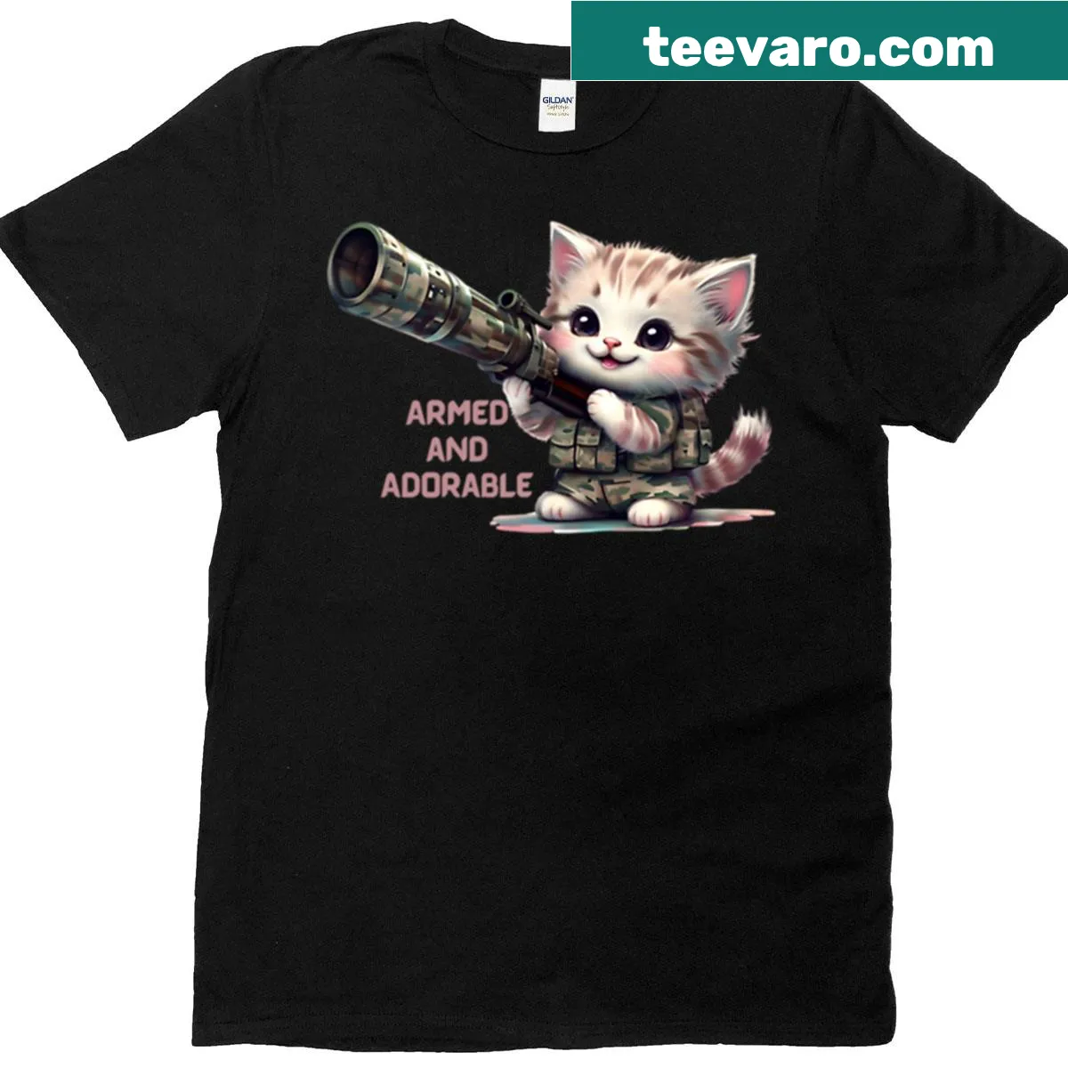 Cute military cat t-shirt featuring an armed cat illustration — on a men's t-shirt