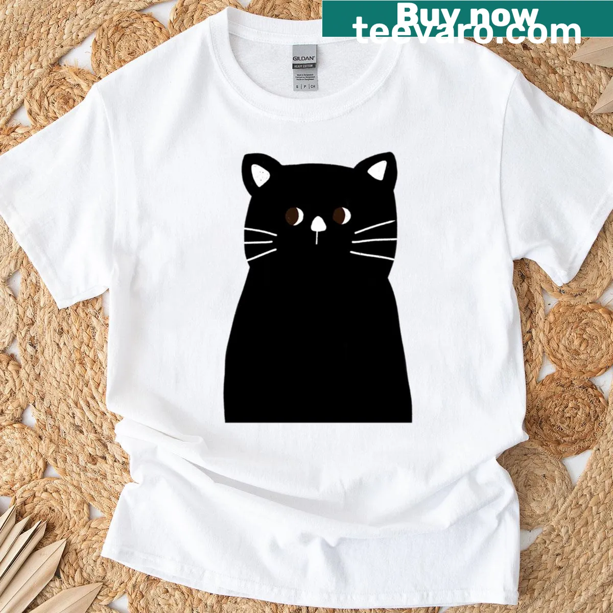 Cute black cat illustration with white whiskers on a T-shirt — on a men's t-shirt
