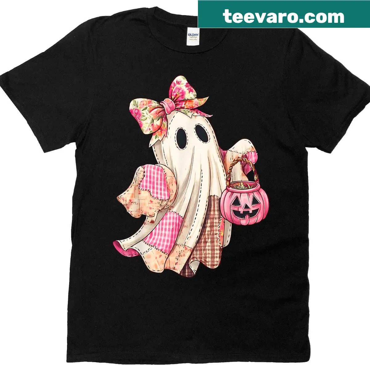 Cute ghost with pink ribbon graphic on Halloween t-shirt — on a men's t-shirt