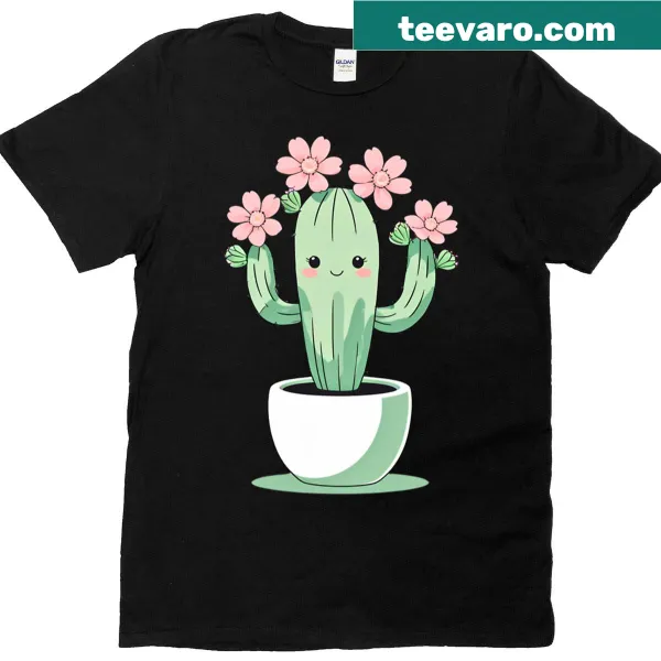 Cute cactus with pink flowers graphic on t-shirt