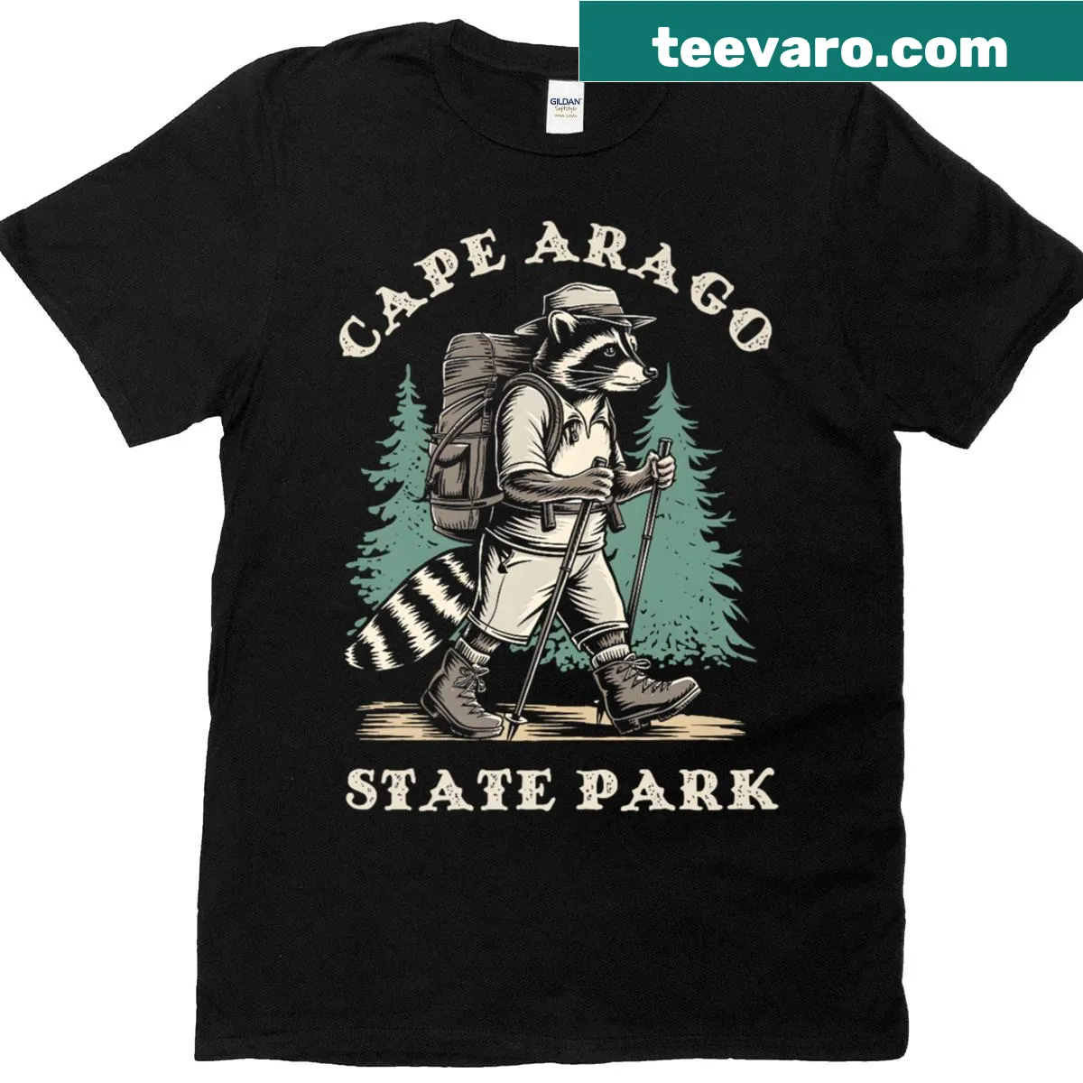Raccoon illustration on a hiking trail theme t-shirt — on a men's t-shirt