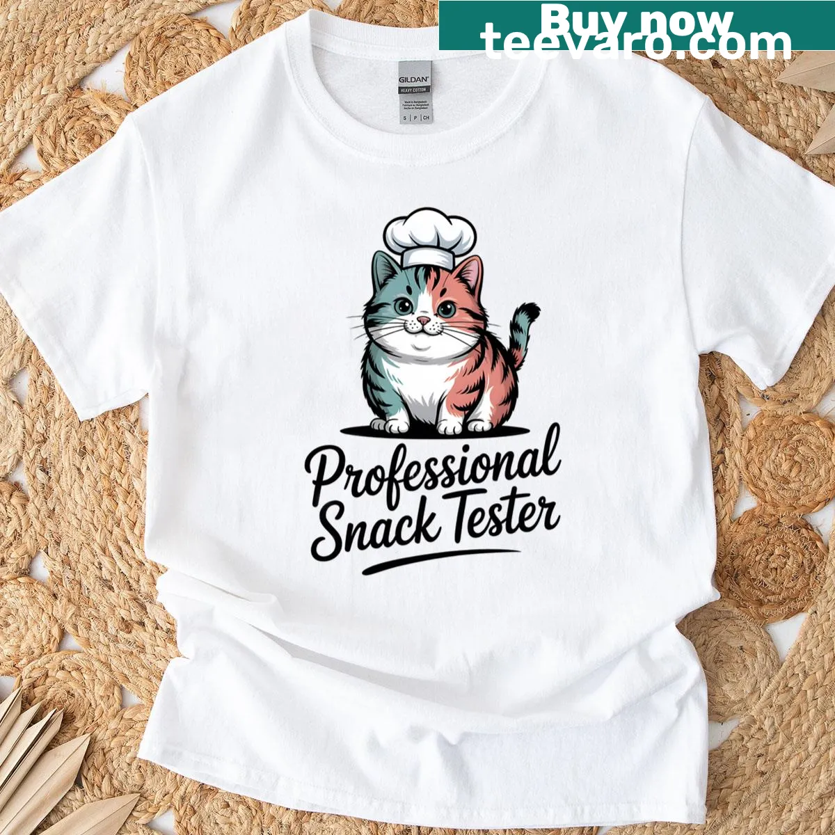 Cartoon cat chef design with humorous text about being a snack tester. — on a men's t-shirt