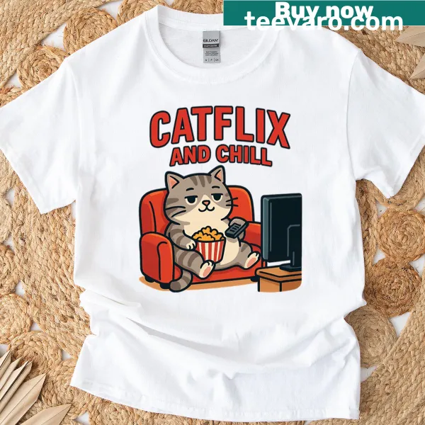 Cartoon cat graphic with the humorous phrase 'Catflix and Chill'.