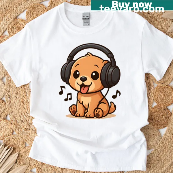 Chibi art of a cute dog with headphones enjoying music