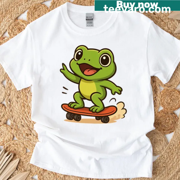 Cartoon T-shirt featuring a cute chibi frog on a skateboard