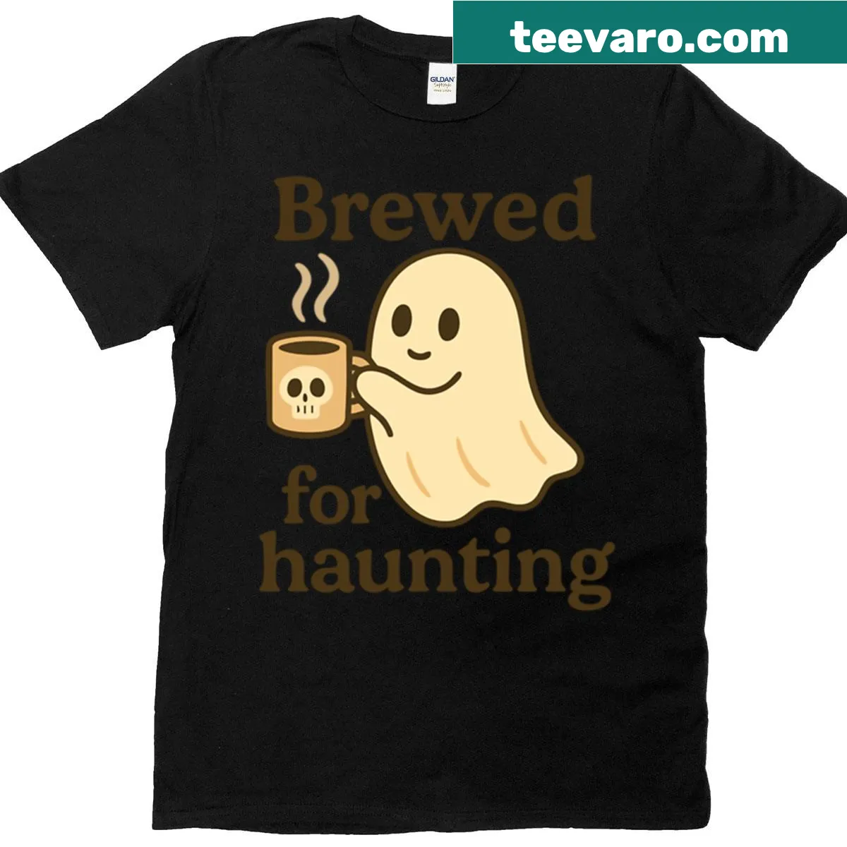 Adorable ghost brewing coffee with Halloween theme graphic t-shirt — on a men's t-shirt