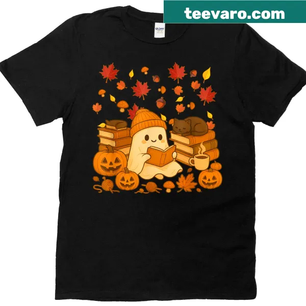 Cute ghost reading a book on a Halloween-themed T-shirt